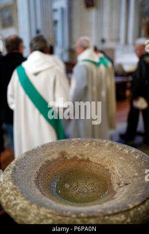 Saint-Jacques church.  Catholic mass.  Holy water font. Sallanches. France. Stock Photo