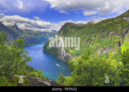 the Geirangerfjord and the waterfall Seven Sisters from above, Norway, fjord and mountain panorama Stock Photo