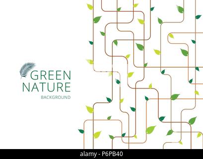 Abstract brown lines with green leaves on white background. Vector illustration Stock Vector