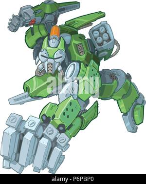 Vector cartoon clip art illustration of a tough humanoid green soldier robot mascot jumping and throwing a punch in a manga comic book style. Lines an Stock Vector
