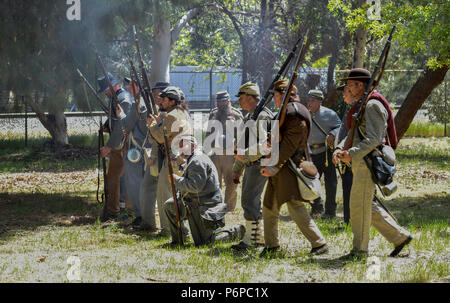 American Civil War reenactment is an effort to recreate the appearance of a particular battle or other event associated with the American Civil War. Stock Photo