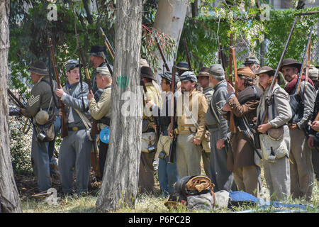 American Civil War reenactment is an effort to recreate the appearance of a particular battle or other event associated with the American Civil War. Stock Photo