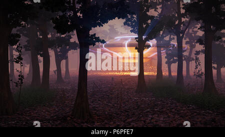 UFO landing in the forest at night, science fiction scene with alien spaceship (3d space illustration) Stock Photo