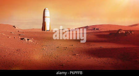 landscape on planet Mars, spaceship landing on the red planet (3d space illustration) Stock Photo
