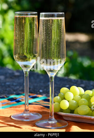 vertical image of two glasses of cava in the tourist area of Andalusia with grapes to the side and vines in the background Stock Photo
