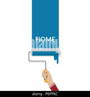 paint roller in hand painting blue color on empty wall with word HOME and copy space for your text or company name. house painting service, decor and  Stock Vector