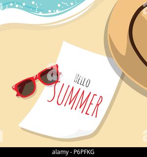 white paper with word hello summer on white sand beach with sunglasses and fashion hat as traveler's accessories items with soft wave from the ocean s Stock Vector