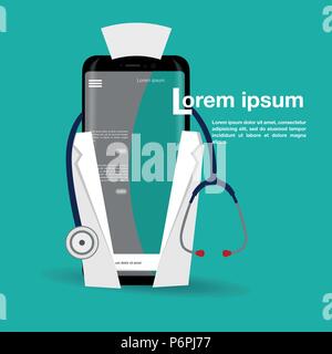 Doctor's hand holding a stethoscope through the phone screen checking pulse. Tele, online, remote medicine flat concept illustration. Stock Vector