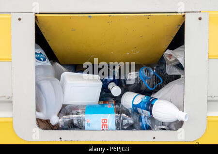 Container for recycling plastic products in street in Spain Stock Photo
