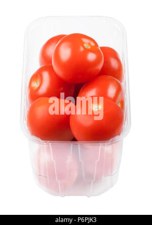 Plastic tray with fresh organic raw tomatoes on white Stock Photo