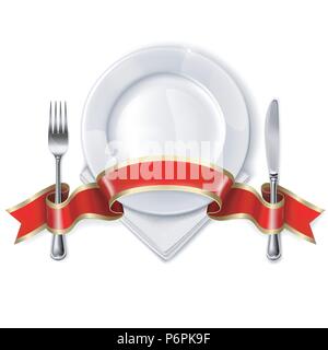 Empty plate with ribbon, spoon, knife and fork on a white background. Mesh. Clipping Mask. This file contains transparency. Stock Vector