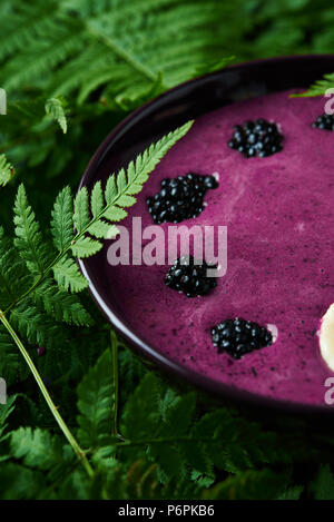 smothie bowl with blackberry on background with fern leaves Stock Photo