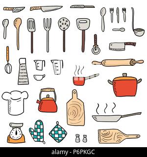 Kitchenware icons vector set. Cute kitchen utensils doodle hand drawn style. Stock Vector
