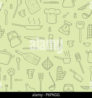 Cooking utensils and kitchen tools - seamless background doodle vector. Stock Vector