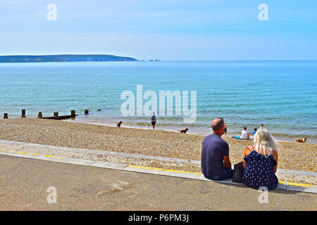 A couple sit admiring the view across the Solent channel towards the Isle of Wight.A sunny summer's day, calm water and blue sky and sea.Dogs in water Stock Photo