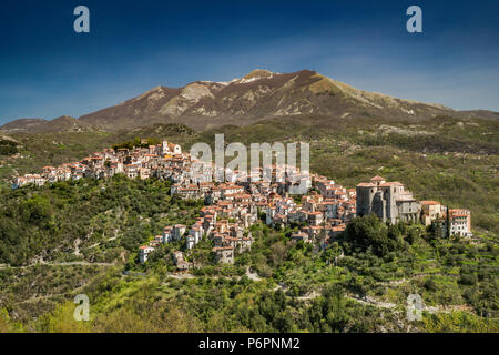 Hill town of Rivello, church of Santa Maria del Poggio on right, Southern Apennines, Basilicata, Italy Stock Photo