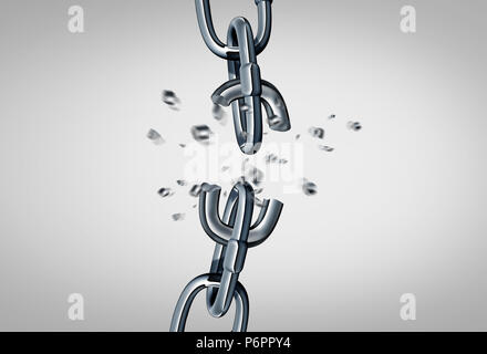 Broken chain concept and link disconnect business symbol as metal links breaking apart as a 3D render. Stock Photo