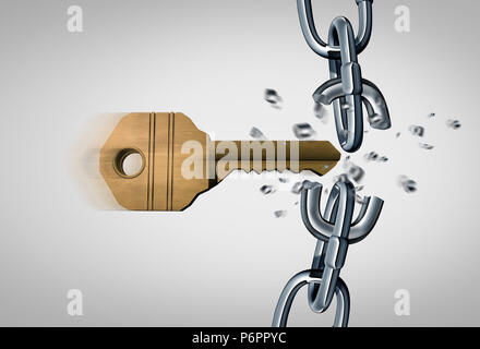 Breaking the chain and an unlock concept as a key breaking metal links as a security  and business success icon as a 3D render. Stock Photo