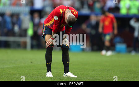 Moscow, Russia. 1st July, 2018. Sergio Ramos SPAIN SPAIN V RUSSIA, 2018 FIFA WORLD CUP RUSSIA 01 July 2018 GBC9132 Spain v Russia 2018 FIFA World Cup Russia STRICTLY EDITORIAL USE ONLY. If The Player/Players Depicted In This Image Is/Are Playing For An English Club Or The England National Team. Then This Image May Only Be Used For Editorial Purposes. No Commercial Use. The Following Usages Are Also Restricted EVEN IF IN AN EDITORIAL CONTEXT: Use in conjuction with, or part of, any unauthorized audio, video, data, fixture lists, club/league logos, Betting, Games or any 'live' services. Also Res Stock Photo