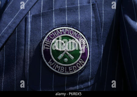 London, UK.  2nd July 2018, All England Lawn Tennis and Croquet Club, London, England; The Wimbledon Tennis Championships, Day 1; A close up of the Wimbledon Championships badge on a blazer Credit: Action Plus Sports Images/Alamy Live News Stock Photo