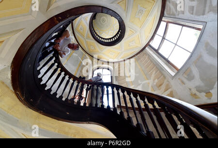 06/29/2018, Berlin: A staircase in the tower of the castle on the Pfaueninsel. From 20 August, the castle will close for comprehensive repair work. With the help of the special investment program for the Prussian locksmiths and garden, it will be inspected for damage and remediated in the next six years. The castle was built by the Potsdam master carpenter Johann Gottlieb Brendel for Konig Friedrich Wilhelm II as a rural retreat from 1794 to 1795. Photo: Bernd Settnik/dpa central image/dpa | usage worldwide Stock Photo