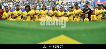 Samara, Russia. 2nd July, 2018. Players of Brazil are seen prior to the 2018 FIFA World Cup round of 16 match between Brazil and Mexico in Samara, Russia, July 2, 2018. Credit: Chen Yichen/Xinhua/Alamy Live News Stock Photo