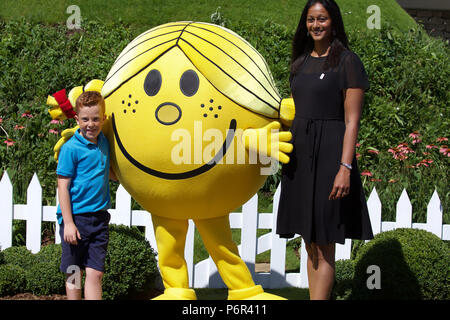 East Molesey,UK,2nd July 2018,Children with Cancer UK ' Mr Happy and mr Worry Garden on display during Press Day at the RHS Hampton Court Palace Flower Show which runs from the 2nd-8th July 2018. It is the largest flower show in the world covering over 34 acres with the centre piece being the long walk. There are various gardens to admire and gain ideas from along with plant, flower stalls and various other garden features. Credit Keith Larby/Alamy Live News Stock Photo