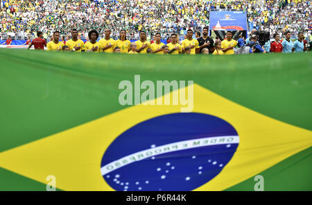 Samara, Russia. 2nd July, 2018. Players of Brazil are seen prior to the 2018 FIFA World Cup round of 16 match between Brazil and Mexico in Samara, Russia, July 2, 2018. Credit: Chen Yichen/Xinhua/Alamy Live News Stock Photo