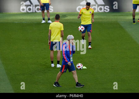 Moscow, Russia. 2nd July 2018. Colombia Manager Jose Pekerman during a Colombia training session, prior to their 2018 FIFA World Cup Round of 16 match against England, at Spartak Stadium on July 2nd 2018 in Moscow, Russia. Credit: PHC Images/Alamy Live News Stock Photo