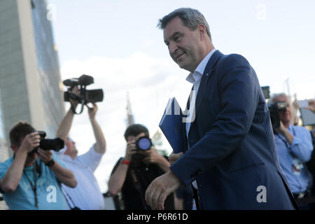 Berlin, Germany. 02nd July, 2018. Markus Soeder (CSU), Premier of Bavaria, arriving to the Konrad Adenauer Haus. Credit: Michael Kappeler/dpa/Alamy Live News Stock Photo