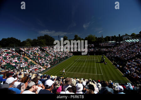 London, England, July 2nd, 2018: Wimbledon Tennis:  General view of Wimbledon's Court # 2 as Venus Williams of the United States serves to Johanna Larsen of Sweden during their first round match today at Wimbledon. Credit: Adam Stoltman/Alamy Live News Stock Photo