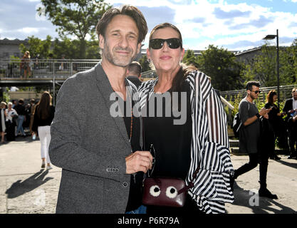 Berlin, Germany. 02nd July, 2018. Actors Katy Karrenbauer and Falk-Willy Wild arriving to the show by designer Guido Maria Kretschmer. The Spring/Summer 2019 collections are being presented during the Berlin Fashion Week. Credit: Britta Pedersen/dpa-Zentralbild/dpa/Alamy Live News Stock Photo