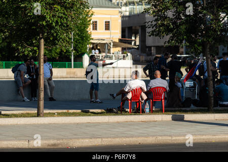 FIFA World Cup, Moscow, Monday, July 02, 2018. Hot and sunny day in Moscow. Football fans, international tourists and Muscovites entertain themselves near the Kremlin. International football funs tour Moscow, learn Moscow landmarks, and make acquaintances with each other and Russian people. Informal fan area on the Moscow-river embankment. Credit: Alex's Pictures/Alamy Live News Stock Photo