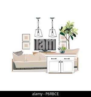 Interior design illustration. Modern white living room trendy style. Home house decoration. Furniture lounge. Sofa pillow cushion table kitchen cupboa Stock Vector