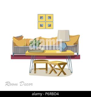 Interior design illustration. Modern yellow living room trendy style. Home house decoration. Furniture lounge. Sofa pillow chair stool cushion table c Stock Vector