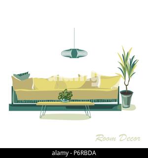 Interior design illustration. Modern yellow living room trendy style. Home house decoration. Furniture lounge. Sofa pillow cushion table coffee lamp c Stock Vector