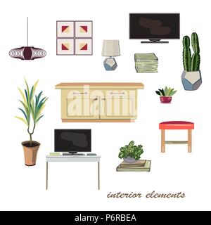 Interior design elements illustration. furniture collection. Pastel colors Flat vector isolated Stock Vector