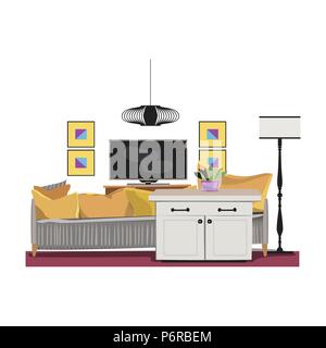 Interior design illustration. Modern yellow living room trendy style. Home house decoration. Furniture lounge. Sofa pillow cushion table kitchen cupbo Stock Vector