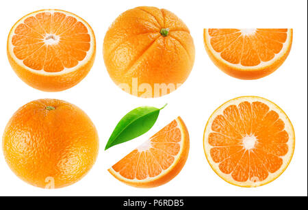 Isolated oranges collection. Whole orange fruits and cut into pieces isolated on white background with clipping path Stock Photo
