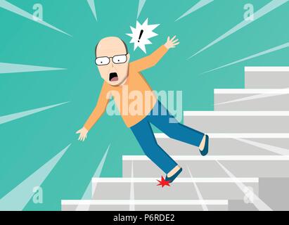Old man falling from staircase, vector art design Stock Vector