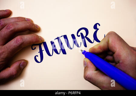 Conceptual hand writing showing Future. Business photo showcasing Period of time following the present moment Events that will happen Man holding blue Stock Photo