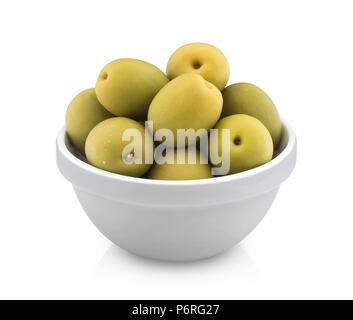 Green olives in bowl isolated on white background with clipping path Stock Photo