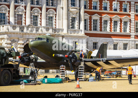 RAF100 aircraft tour London. Royal Air Force centenary display in Horse Guards Parade being built and positioned ready for opening. Douglas Dakota C47 Stock Photo