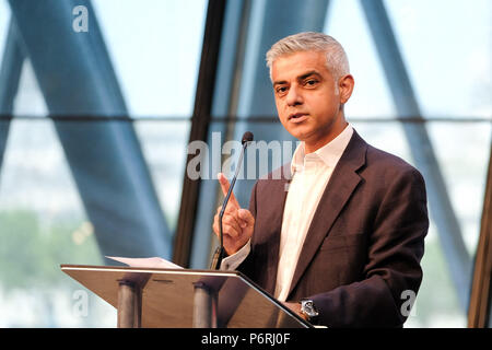 The Mayor of London, Sadiq Khan opens a celebration of the 70th anniversary of Windrush at City Hall on Saturday June 30, 2018. The mayor hosted the event to celebrate the landing of the ship MV Empire Windrush, which arrived at Tilbury Docks, Essex, on 22 June 1948, bringing workers from Jamaica, Trinidad and Tobago and other islands, as a response to post-war labour shortages in the UK. Stock Photo