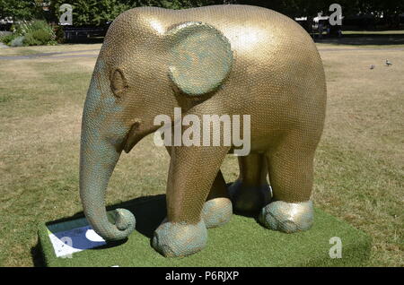 An elephant sculpture in Grosvenor Square, Mayfair London as part of the 2018 Elephant parade to highlight the plight of Asian elephants Stock Photo