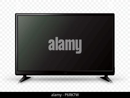 Big black TV icon template on two holders with shadow on white transparent background. Television LED display screen. Flat media technology eletronic  Stock Vector