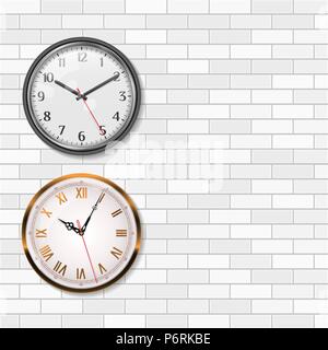 Antique Gold Wall Clock and Round Quartz Analog Wall Clock on White Brick Wall. Empty Space for Your Text. Vector Art. Stock Vector