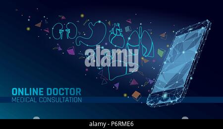 Doctor online medical app mobile applications. Digital healthcare medicine diagnosis concept banner. Human heart smartphone low poly geometric innovation technology vector illustration Stock Vector