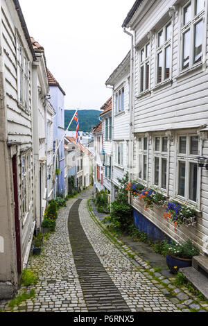 lane in the old town of Bergen with wooden houses, Norway, Knosesmauet street