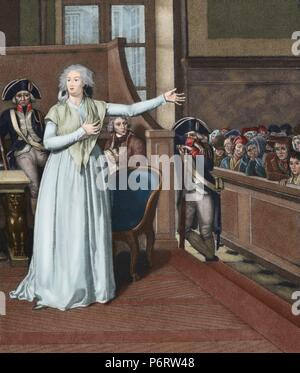 Marie Antoinette (1755-1793), wife of Louis XVI and Queen of France, before the court. Engraving. Colored. Stock Photo